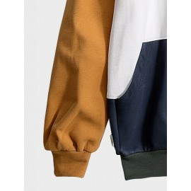Mens Color Block Patchwork Kangaroo Pocket Loose Drawstring Hoodies Winter