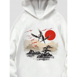 Mens Chinese Style Crane Landscape Print Long Sleeve Hoodies Winter
