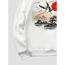 Mens Chinese Style Crane Landscape Print Long Sleeve Hoodies Winter