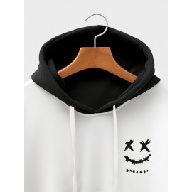 Mens Monochrome Smile Ethnic Geometric Print Patchwork Drawstring Hoodies Winter