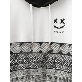 Mens Monochrome Smile Ethnic Geometric Print Patchwork Drawstring Hoodies Winter