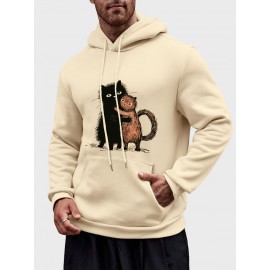 Mens Cute Cat Print Kangaroo Pocket Casual Drawstring Hoodies Winter