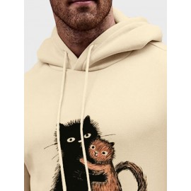 Mens Cute Cat Print Kangaroo Pocket Casual Drawstring Hoodies Winter