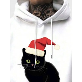 Mens Christmas Hat Cat Graphic Kangaroo Pocket Drawstring Hoodies Winter