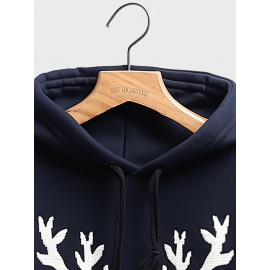 Mens Christmas Elk Snowflake Print Kangaroo Pocket Drawstring Hoodies