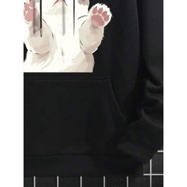 Mens Cartoon Cat Print Kangaroo Pocket Drawstring Hoodies Winter