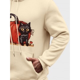 Mens Cartoon Pumpkin Cat Print Kangaroo Pocket Drawstring Hoodies Winter