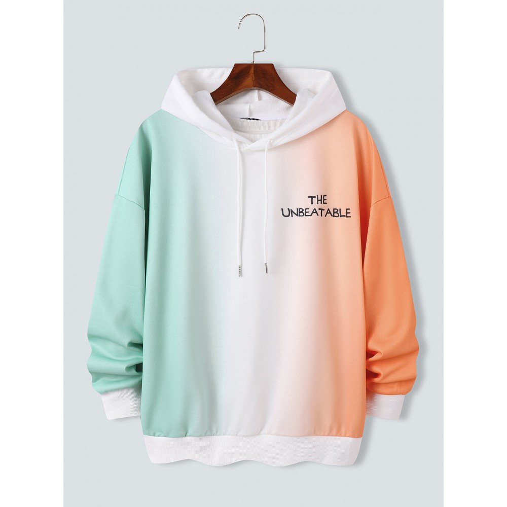 Mens Ombre Letter Print Drop Shoulder Loose Drawstring Hoodies