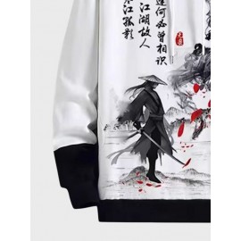 Mens Chinese Figure Landscape Print Patchwork Drawstring Hoodies Winter