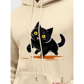 Mens Cartoon Cat Print Kangaroo Pocket Loose Drawstring Hoodies Winter
