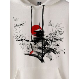 Mens Japanese Landscape Print Contrast Patchwork Drawstring Hoodies Winter