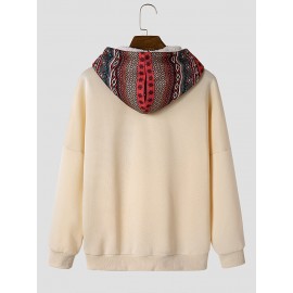 Mens Ethnic Geometric Print Chest Pocket Plush Lined Drawstring Hoodies