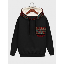 Mens Ethnic Geometric Print Chest Pocket Plush Lined Drawstring Hoodies
